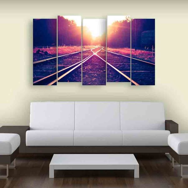 Multiple Frames Railway Track Sunset Wall Painting (150cm X 76cm)