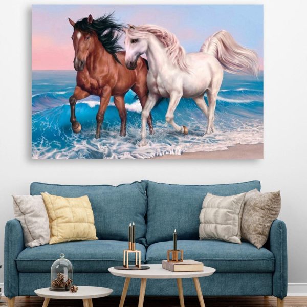 Canvas Painting - Beautiful 2 Horses Running Vastu Art Wall Painting for Living Room