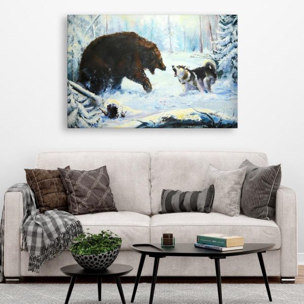 Canvas Painting - Beautiful Bear and Wolf Wildlife Art Wall Painting for Living Room