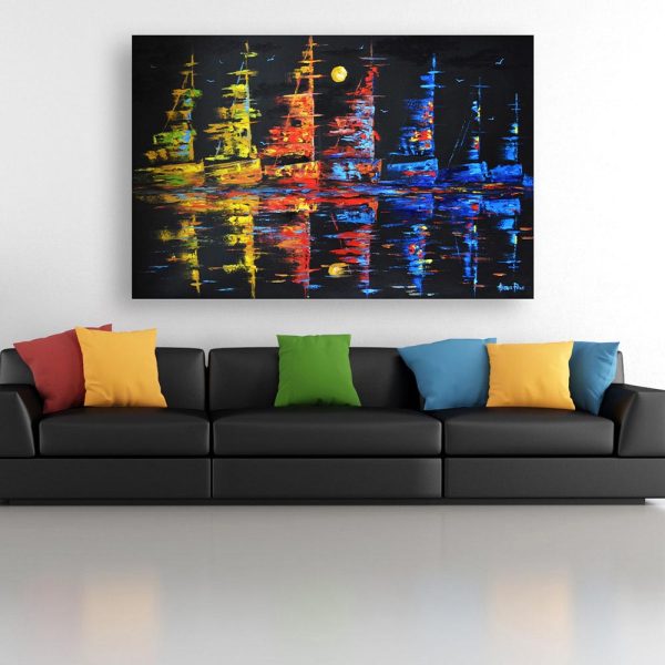Canvas Painting - Beautiful Ships In Ocean At Night Art Modern Wall Painting for Living Room